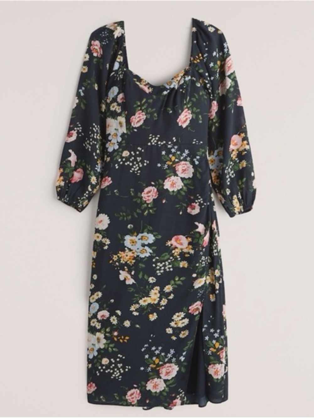 Abercrombie & Fitch Navy Floral Midi Dress with Puff Sleeves